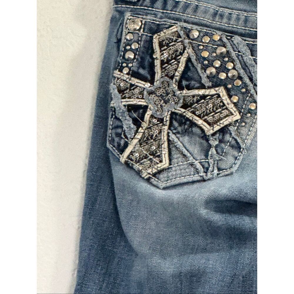 Miss Me Jeans Womens 25 Blue Signature Straight Low Rise Distressed Embellished - Picture 5 of 6